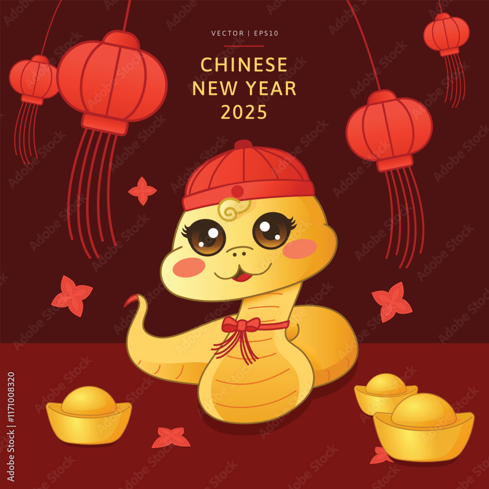 Fototapeta premium Cute cartoon snake illustration celebrating Chinese New Year 2025, festive red and gold with traditional lanterns, decorative elements symbol prosperity, luck, happiness. banners, greeting cards.
