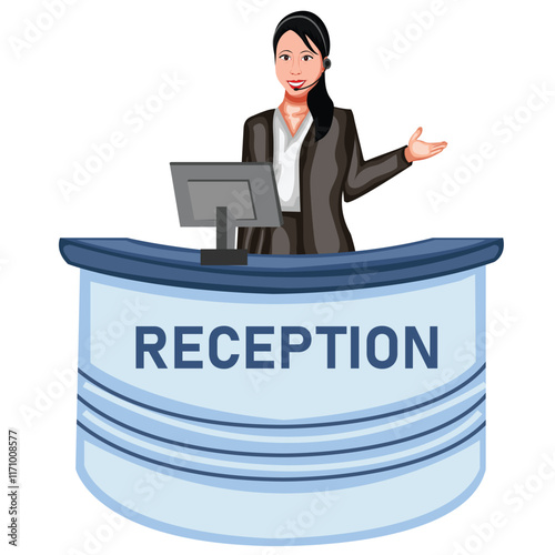 Female Receptionist Girl With Help Desk And Computer Character Vector Illustration