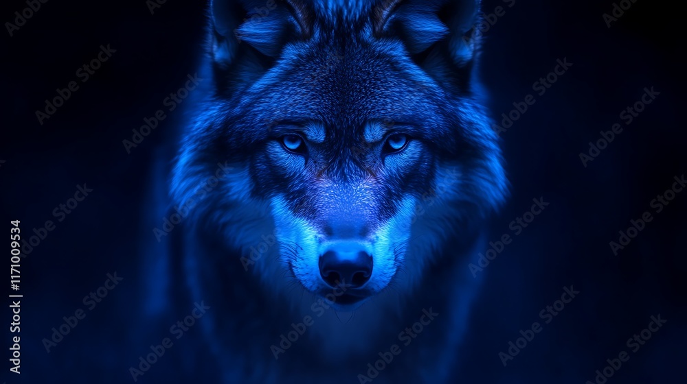 Majestic Wolf Portrait in Blue Night Light