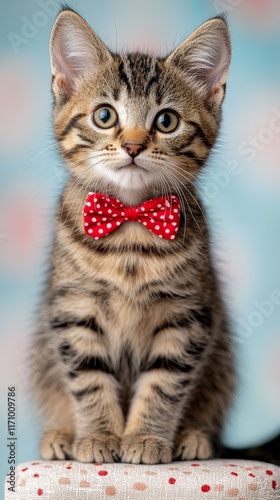 A small kitten wearing a red bow tie sitting on a chair