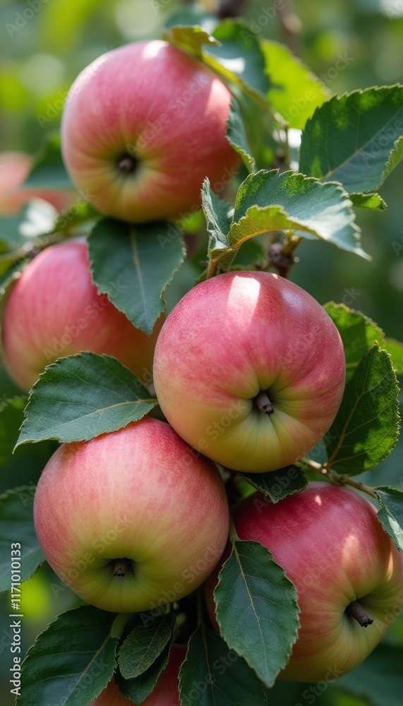 A cluster of ripe, rosy apples hangs gracefully from a leafy branch, illuminated by warm sunlight. The vibrant colors and lush green leaves create a refreshing and inviting atmosphere, perfect for A cluster of ripe, rosy apples hangs gracefully from a leafy branch, illuminated by warm sunlight. The vibrant colors and lush green leaves create a refreshing and inviting atmosphere, perfect for