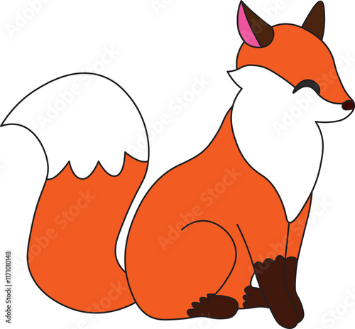 happy red fox with fluffy tail sits with eyes closed