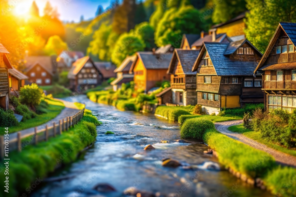 Obraz premium Miniature Wooden Village, Tilt-Shift Photography: Charming Rustic Architecture