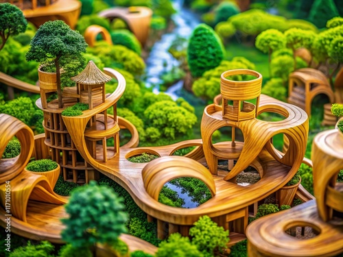 Miniature Wooden Interlocking Forms in Lush Green Nature - Tilt-Shift Photography photo