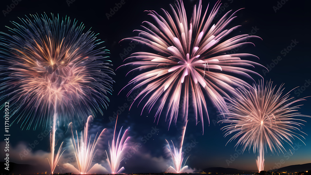A vibrant and dynamic image of fireworks lighting up the night sky A vibrant and dynamic image of fireworks lighting up the night sky