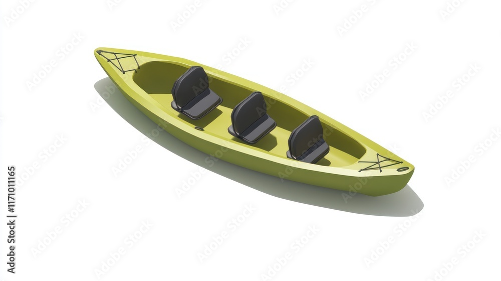 Isometric view of a light green three-seater kayak with dark gray seats, isolated on white background. Isometric view of a light green three-seater kayak with dark gray seats, isolated on white background.