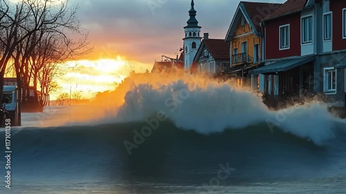 Stormy waves crash against the waterfront of a large city at night, illuminated by glowing streetlights, generative AI video