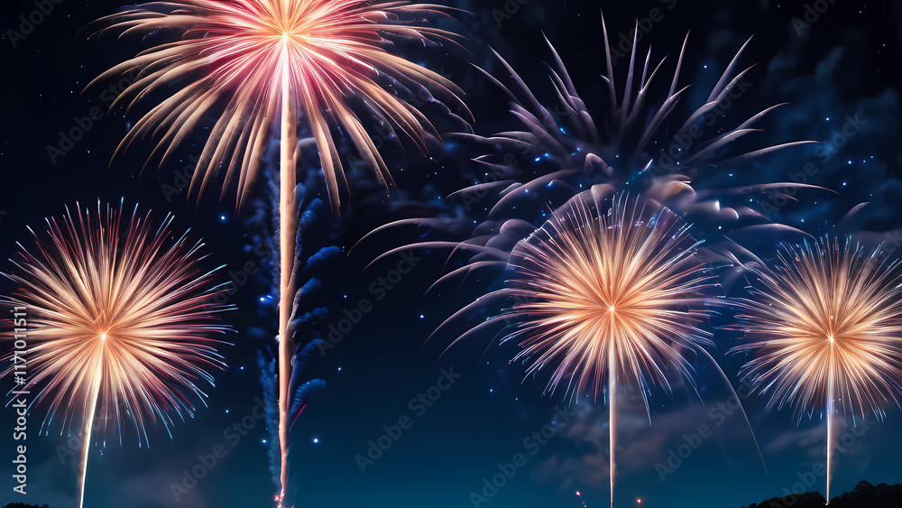 A vibrant and dynamic image of fireworks lighting up the night sky A vibrant and dynamic image of fireworks lighting up the night sky