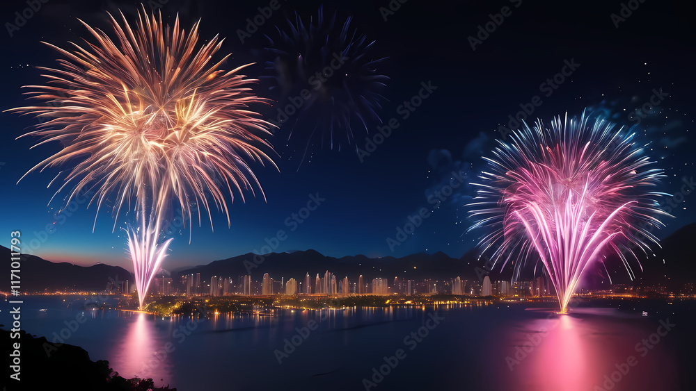 A vibrant and dynamic image of fireworks lighting up the night sky A vibrant and dynamic image of fireworks lighting up the night sky