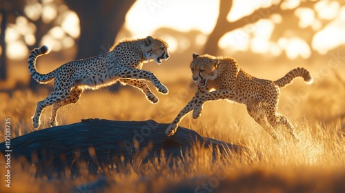 Cheetahs Jumping Over Log at Golden Hour photo