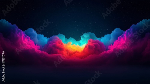 Vibrant Abstract Clouds Illuminated by a Celestial Glow: A Mystical Landscape of Colorful Vapor in Shades of Blue, Pink, and Purple in a Starry Night Sky