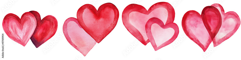 A collection of beautifully vibrant watercolor heart symbols in shades of red and pink creating a romantic and passionate abstract design Ideal for Valentine s Day wedding anniversary A collection of beautifully vibrant watercolor heart symbols in shades of red and pink creating a romantic and passionate abstract design Ideal for Valentine s Day wedding anniversary