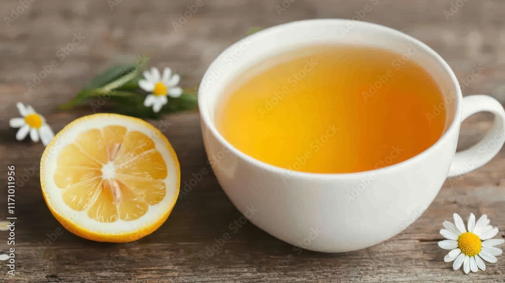 Refreshing Herbal Tea with Lemon Slice and Chamomile Flowers on a Rustic Wooden Table, Perfect for Relaxation and Wellness Promotion Refreshing Herbal Tea with Lemon Slice and Chamomile Flowers on a Rustic Wooden Table, Perfect for Relaxation and Wellness Promotion