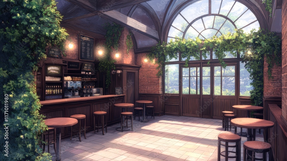 Fototapeta premium A cozy cafe interior featuring wooden furniture, lush greenery, and a large arched window with natural light streaming in, Ideal for showcasing relaxation, coffee culture, or interior design concepts