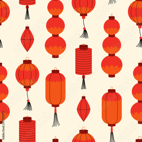 Seamless pattern with chinese or japanese various paper lanterns. Vector flat background in asian style. Traditional oriental decor
