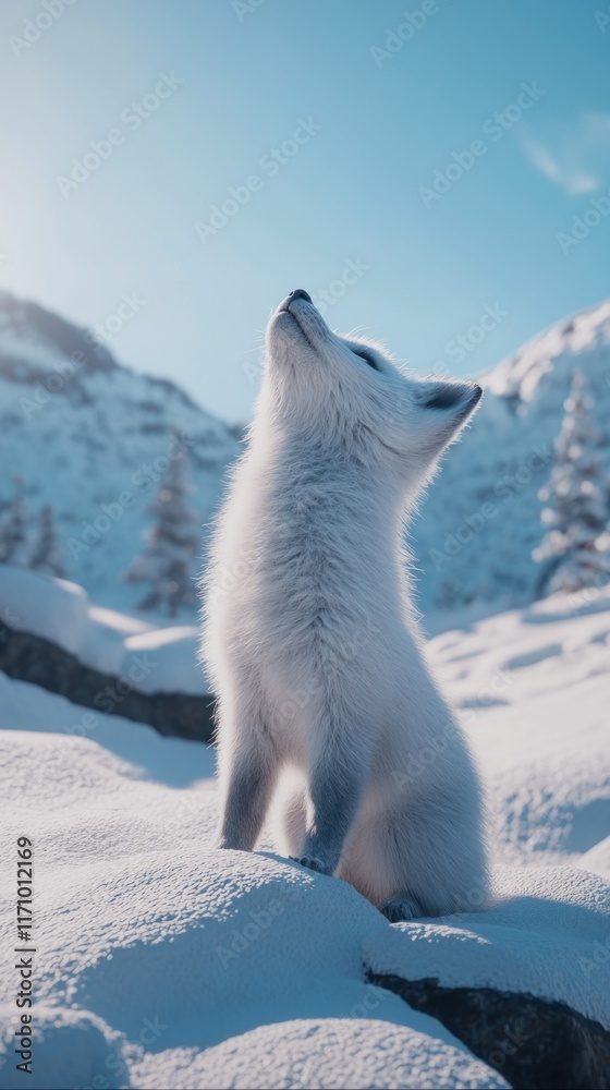 Adorable arctic fox pup sitting in snowy mountain landscape, looking up at the sun. Adorable arctic fox pup sitting in snowy mountain landscape, looking up at the sun.