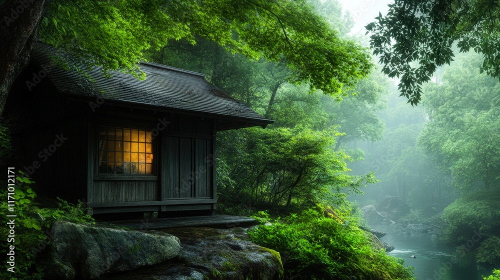 A serene wooden cabin nestled in a lush, foggy forest, with a glowing window reflecting warmth amidst the greenery, Ideal for nature-themed projects, wellness content, and tranquil landscapes, A serene wooden cabin nestled in a lush, foggy forest, with a glowing window reflecting warmth amidst the greenery, Ideal for nature-themed projects, wellness content, and tranquil landscapes,