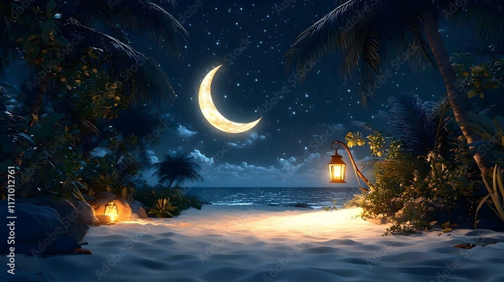 Fototapeta premium moonlit night scene on a sandy beach with palm trees and glowing lanterns under a crescent moon and a starry sky, creating a tranquil and magical atmosphere