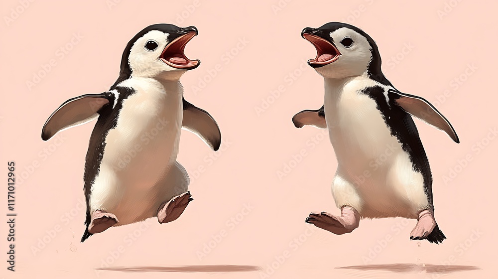 Two Little Penguins Leaping Joyfully Together