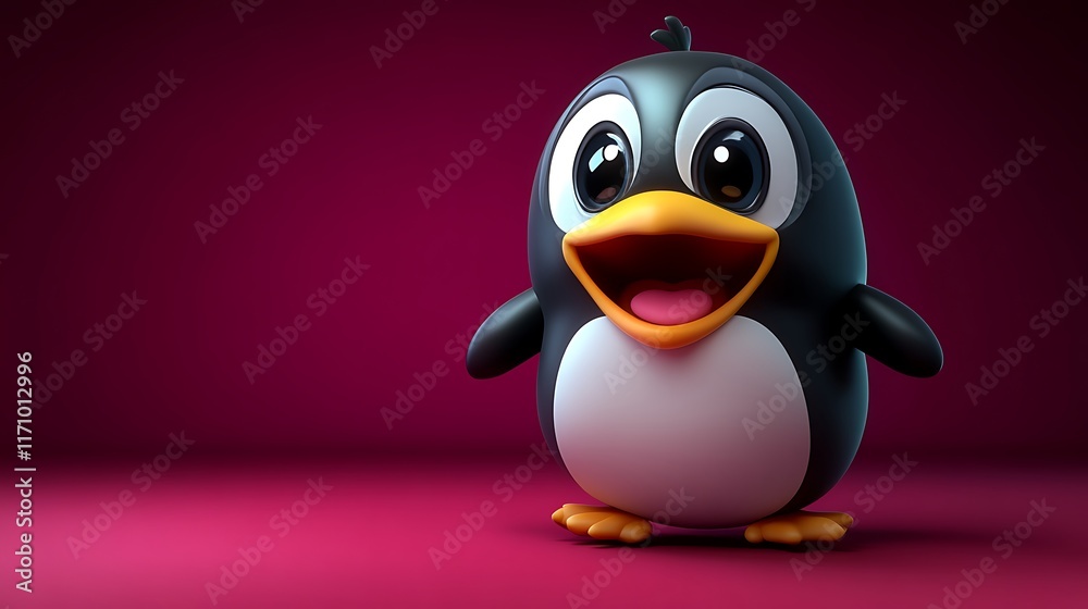 Happy Cartoon Penguin Stands Against Purple Background