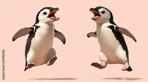 Obraz na płótnie Two Little Penguins Leaping Joyfully Together w salonie