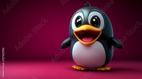 Obraz na płótnie Happy Cartoon Penguin Stands Against Purple Background w salonie
