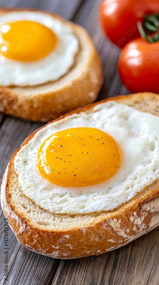 Two fried eggs on a piece of bread with tomatoes in the background Two fried eggs on a piece of bread with tomatoes in the background