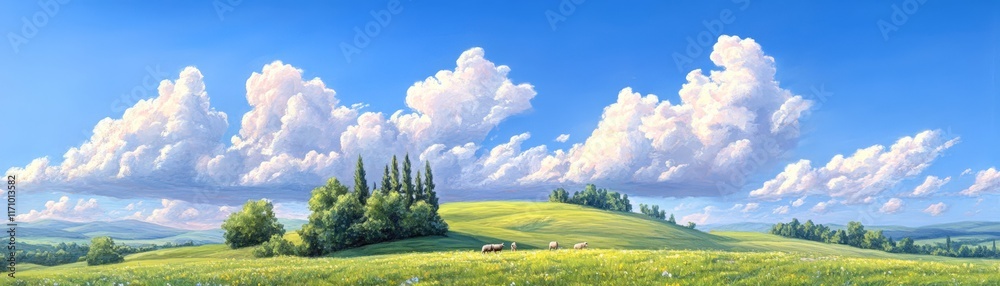 A serene landscape featuring rolling green hills, fluffy white clouds, and grazing sheep under a bright blue sky, Ideal for nature-themed projects, relaxation imagery, or promoting rural tourism, A serene landscape featuring rolling green hills, fluffy white clouds, and grazing sheep under a bright blue sky, Ideal for nature-themed projects, relaxation imagery, or promoting rural tourism,