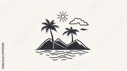 Tropical island, palm trees, ocean, sun, birds, minimalist design, logo photo