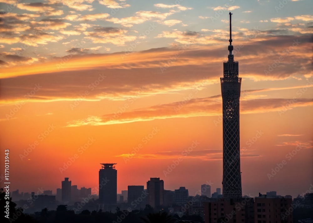 Obraz premium Minimalist Cairo Tower Skyline at Sunset, Egypt