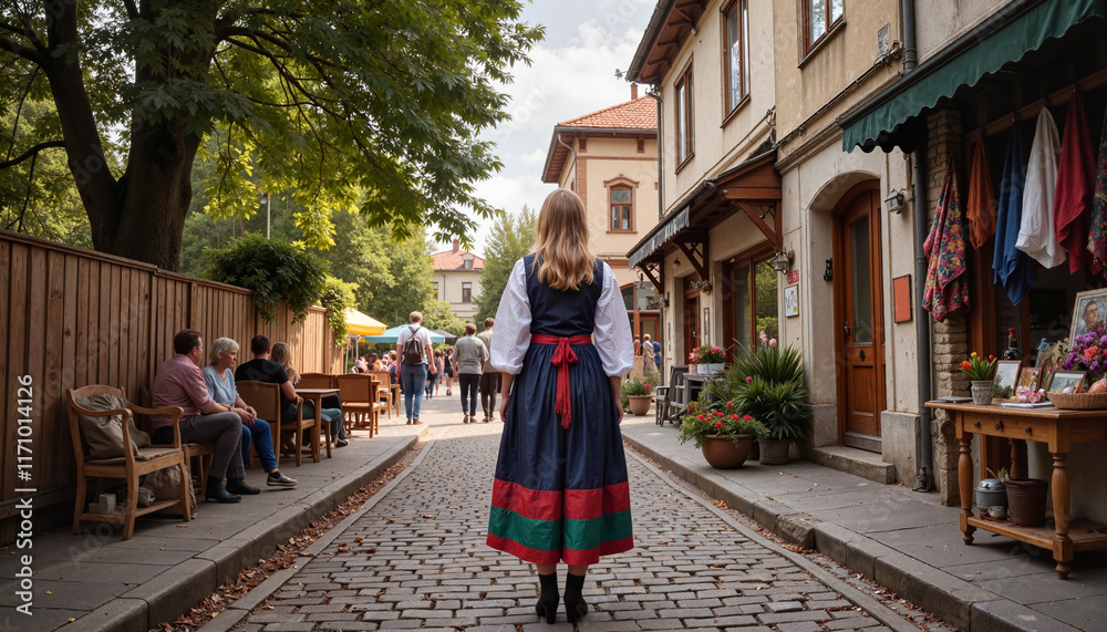 Naklejka premium Woman in traditional Bulgarian costume walking down cobblestone street, cultural heritage