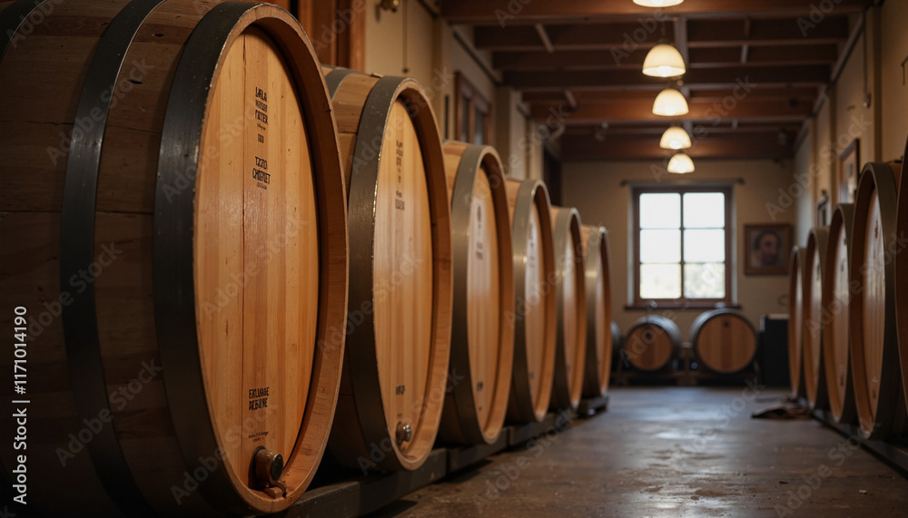 Elegant wine barrels interior in quaint winery, historical charm Elegant wine barrels interior in quaint winery, historical charm