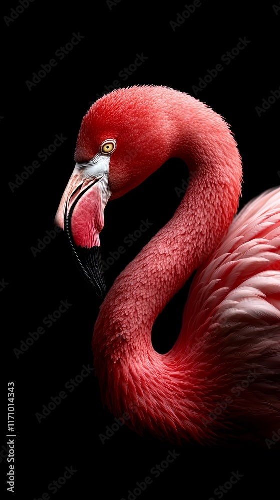 Fototapeta premium A pink flamingo standing in front of a black background