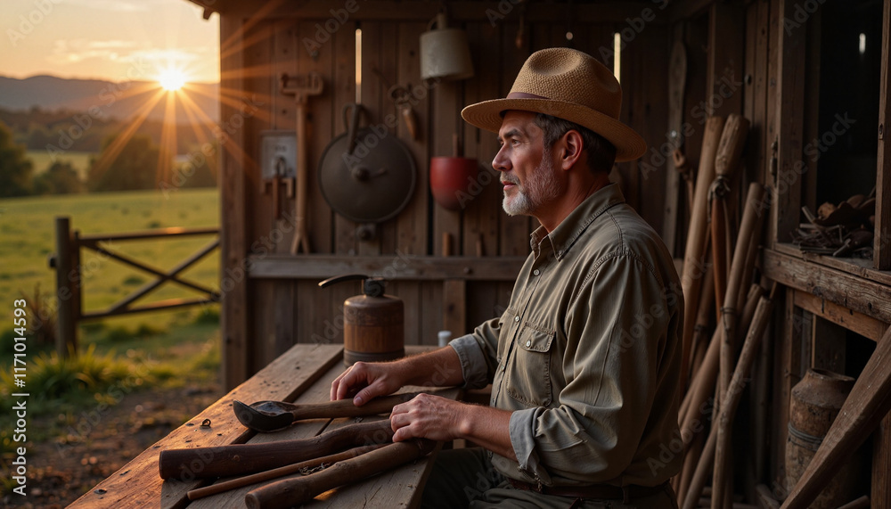 Elderly man working with tools in rustic barn at sunset, heritage Elderly man working with tools in rustic barn at sunset, heritage