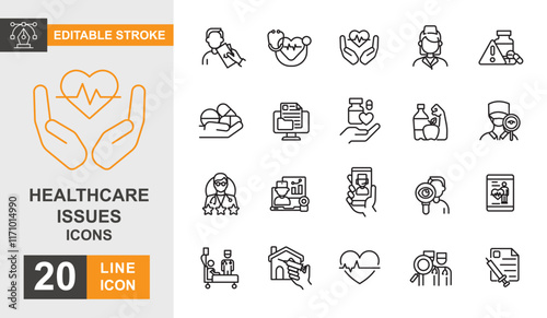 Healthcare issues line editable icon set. Medicine, patient, doctor, clinic, emergency and more line icons