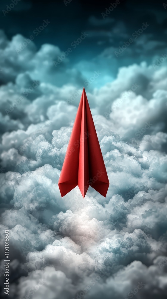 Fototapeta premium A red paper airplane flying through a cloudy sky