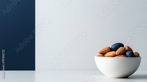 A white bowl filled with almonds and dark stones sits against a minimalist background, perfect for health, wellness, or culinary-themed projects, advertising, or social media content, photo