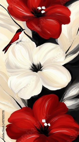A painting of red and white flowers with a bird on it