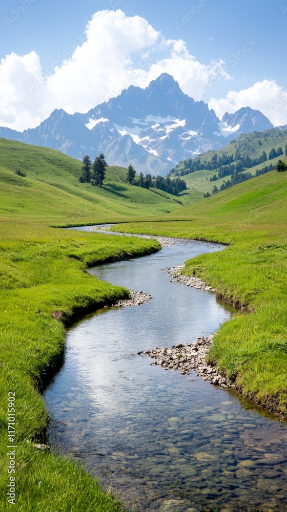 A stream running through a lush green field with mountains in the background A stream running through a lush green field with mountains in the background