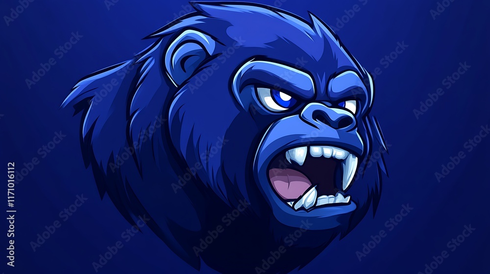 A fierce blue gorilla head roars intensely
