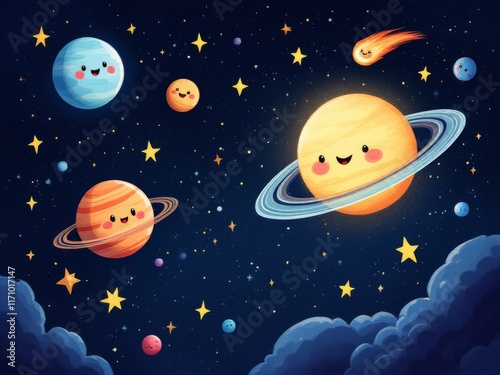 Whimsical Solar System with Smiling Planets Illustration for Kids
