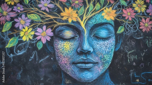 A gentle pastel chalk drawing of a human face tree with blossoming flowers that symbolizes mindfulness and mental health photo