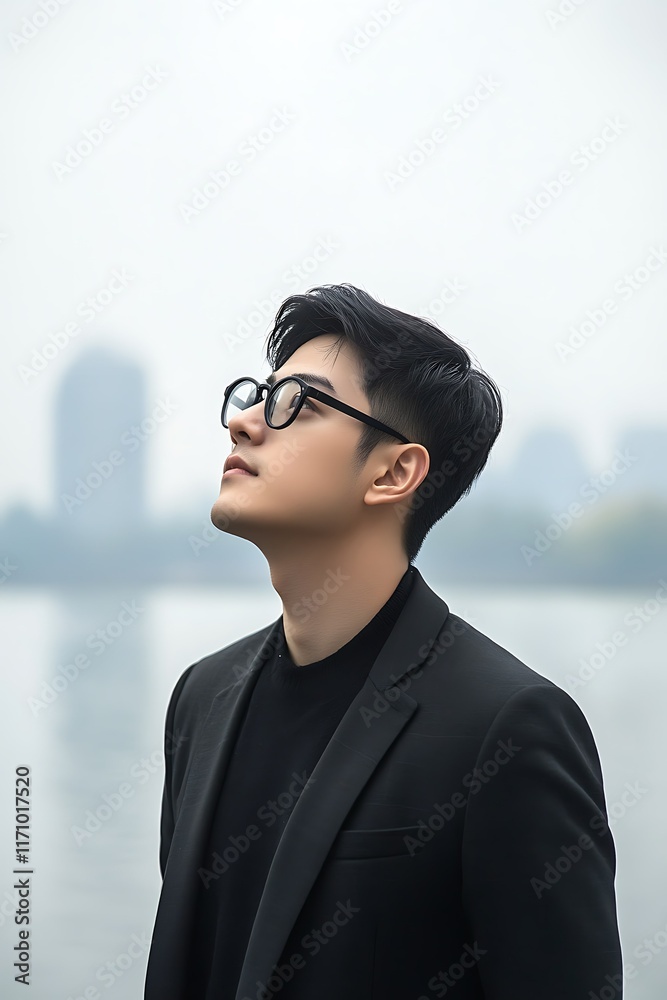 Contemplative Young Businessman in Black Suit and Glasses Urban Waterfront Portrait Photography Serene Atmosphere Profile View Contemplative Young Businessman in Black Suit and Glasses Urban Waterfront Portrait Photography Serene Atmosphere Profile View