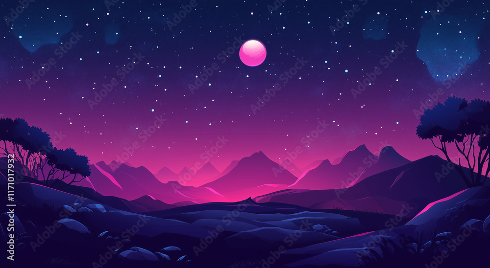 Nighttime Mountain Scene Under A Starry Sky With Pink Moon Nighttime Mountain Scene Under A Starry Sky With Pink Moon