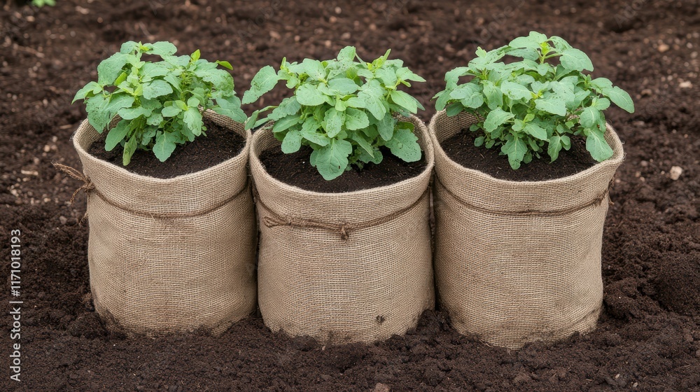 Flourishing plants in soil bags, a display of healthy growth and gardening practices Flourishing plants in soil bags, a display of healthy growth and gardening practices