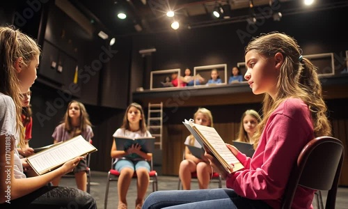 Young aspiring actresses rehearsing a play on stage, showcasing their talent and dedication to the art of performing arts.