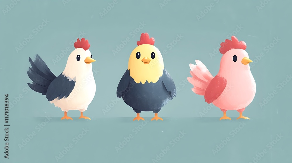 Three Adorable Cartoon Chickens Stand In A Row