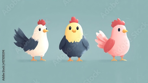 Obraz na płótnie Three Adorable Cartoon Chickens Stand In A Row w salonie