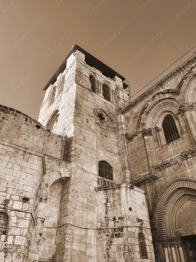 Fototapeta premium Historic Stone Architecture Tower Upward View Sepia Detailed Structure Sky