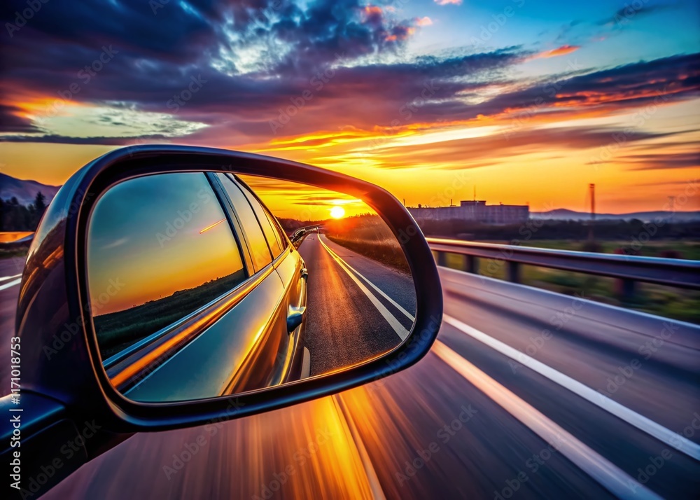 Obraz premium Minimalist Highway Road Trip: Rearview Mirror Reflection of Traffic and Asphalt